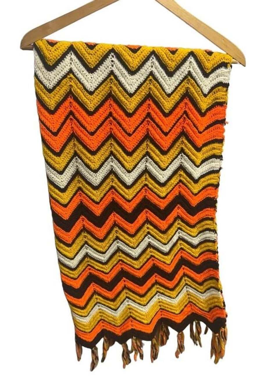 70s Handmade Vintage Crochet Afghan Throw Orange Yellow Brown Mint!